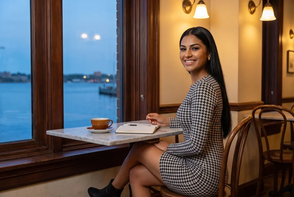 A woman with tea and a notebook by a window