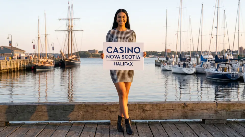 A woman on a harbour boardwalk holding a Casino Nova Scotia sign