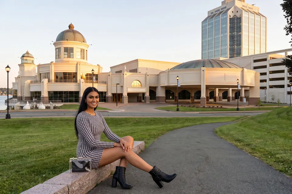 A woman on the casino lawn at golden hour